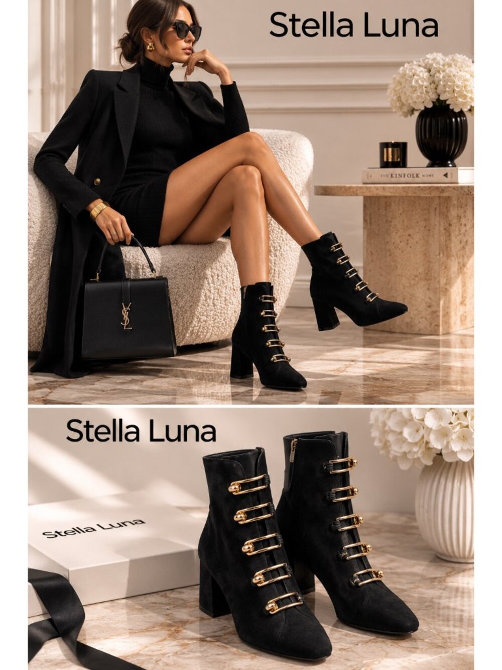 Stella Luna Black Suede Gold Hardware Ankle Boots EU 37 Designer Booties